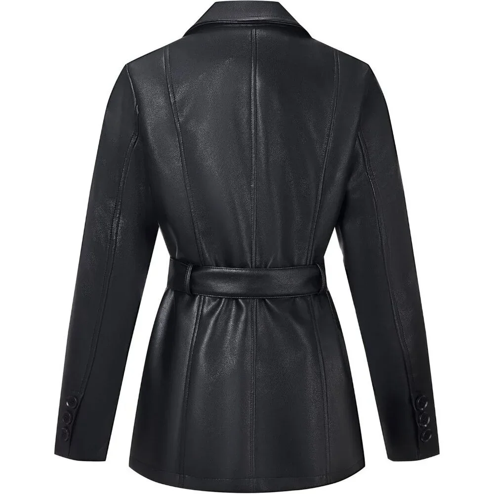 Women's Black Faux Leather Blazer Jacket Soft Casual Lapel Button Down Coat - Picture 5 of 6